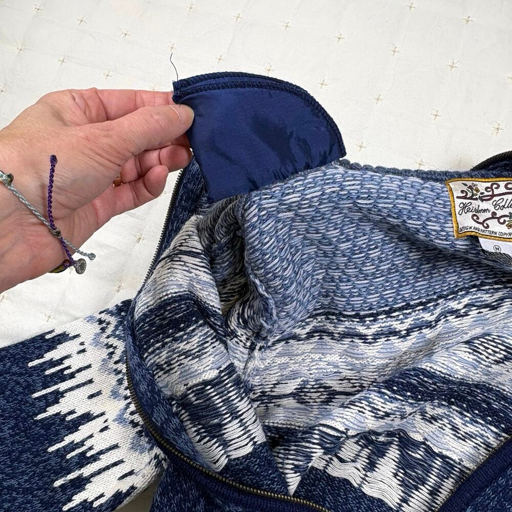 Heirloom Collectibles Vintage Hand Knit Zip Up Cardigan Sweater Women's M Blue - Picture 5 of 12